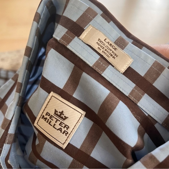 PETER MILLAR Blue Brown Squared Long Sleeve Button Down Shirt Size Large - Picture 5 of 6